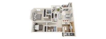 A 3D floor plan of a small apartment with a kitchen, living room, and bedroom.