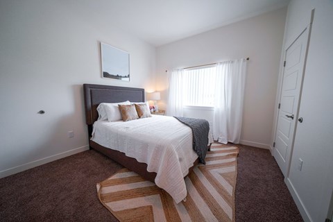 A bedroom with a large bed and striped rug.