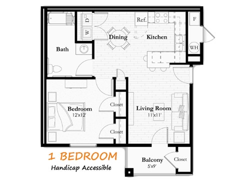 A floor plan of a one bedroom handicap accessible apartment.