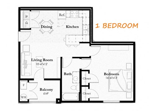 A floor plan of a one bedroom apartment with a living room, dining area, kitchen, bathroom, and balcony.