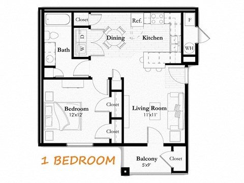 A floor plan of a one bedroom apartment with a balcony.