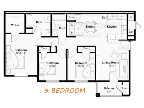 A floor plan of a 3 bedroom apartment.