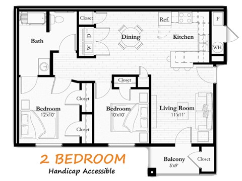 A floor plan of a 2 bedroom handicap accessible apartment.