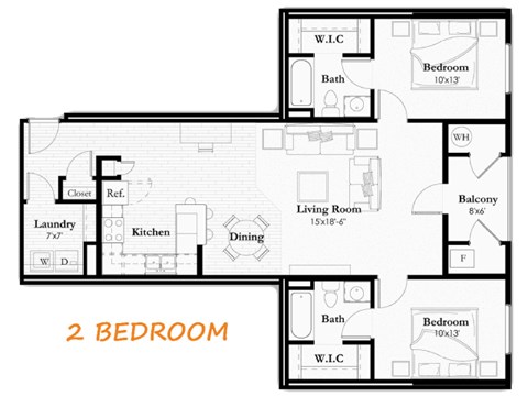 A 2 bedroom apartment floor plan with a living room, kitchen, dining area and bathrooms.