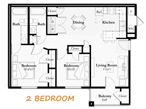 A black and white image of a 2 bedroom apartment layout.