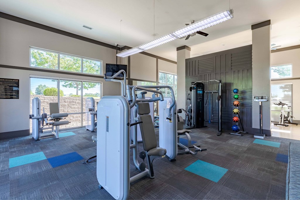 A gym with a variety of equipment including a treadmill, weights, and a bench press.