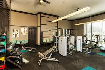 A gym with a variety of equipment including treadmills, weights, and exercise machines.