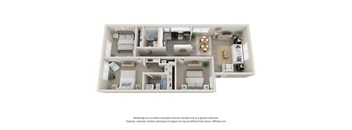 3D floor plan of four bedroom apartment layout at Peaks on Drake Apartments, Fort Collins, Colorado