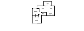 A floor plan of a house with two bedrooms, a living room, a dining room, a kitchen, a bath, and a patio.