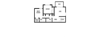 A floor plan of a house with a master bedroom, a patio, a living room, a dining room, a kitchen, and two bathrooms.