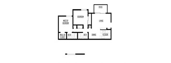 A black and white floor plan of a house with a master bedroom and a patio.