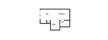 A black and white image of a floor plan for a small apartment.