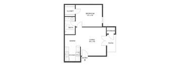 A floor plan of a small apartment with a bedroom, living room, kitchen, and bathroom.