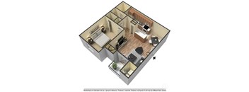 A 3D floor plan of a small apartment with a kitchen, living room, and bathroom.