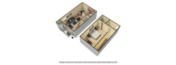 A 3D image of a split-level apartment with a kitchen, living room, and bedroom.