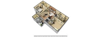 A 3D rendered image of a house layout.