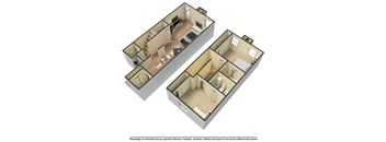 A 3D floor plan of a two-bedroom apartment.