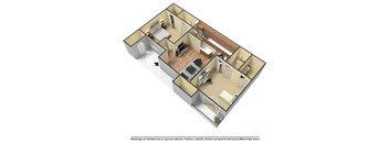 A 3D floor plan of a house with a kitchen, living room, and bedrooms.