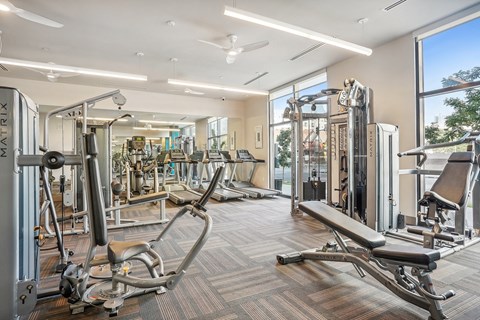 A gym with a variety of equipment including a leg press machine.