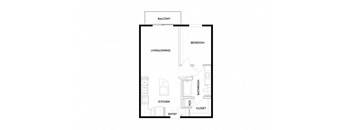 A floor plan of a small apartment with a kitchen, living room, and bathroom.