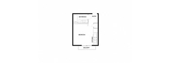 A diagram of a small apartment with a bedroom, bathroom, kitchen, and balcony.