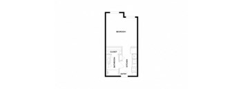 A floor plan of a small apartment with a bedroom, bathroom, kitchen, and entry.