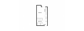 A floor plan of a room with a bedroom, bathroom and entry.