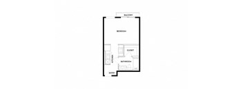 A floor plan of a small apartment with a bedroom, bathroom, kitchen and entry.