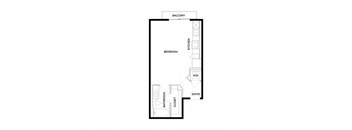 A floor plan of a small apartment with a bedroom, bathroom, kitchen, and entry way.