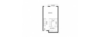 A floor plan of a home with a bedroom, bathroom, kitchen, and closet.