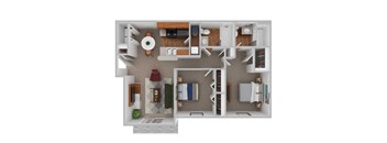 A 3D floor plan of a house showing a kitchen, living room, and two bedrooms.