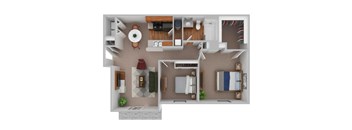 A 3D floor plan of a small apartment with a kitchen, living room, and bathroom.