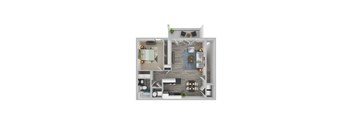 A 3D floor plan of a house with a kitchen, living room, and bathroom.