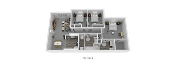 A 3D image of a small apartment layout with the title "The Comb" at the bottom.