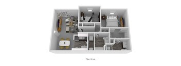 A 3D floor plan of a house layout.