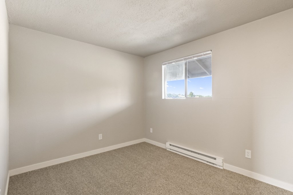 A room with a window and a carpeted floor.