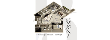 A floor plan for a two bedroom, two bathroom apartment sized at 1,317 square feet.