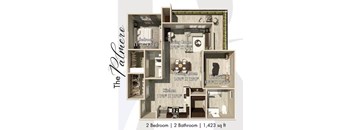 A floor plan of a two bedroom apartment with two bathrooms and a living room.