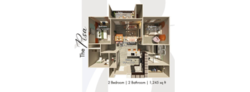 A diagram shows a two bedroom, two bathroom apartment totaling 1,245 square feet.