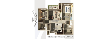 A floor plan of a two bedroom, two bathroom apartment totaling 1,323 square feet.