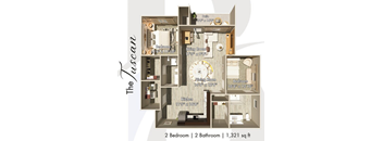 A floor plan of a two bedroom apartment with a total area of 1,321 square feet.