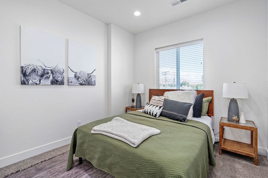 a bedroom with a bed and a window