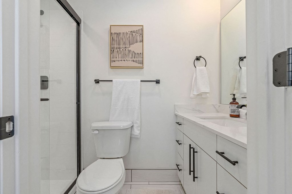 a white bathroom with a toilet, a sink, and a shower