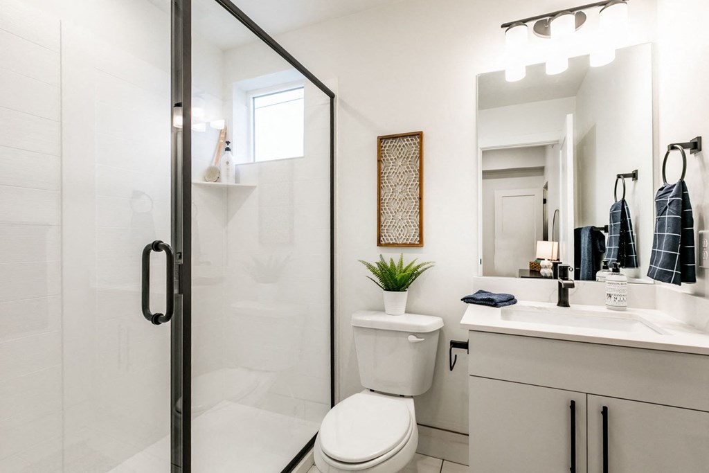 a bathroom with a shower and a toilet and a sink