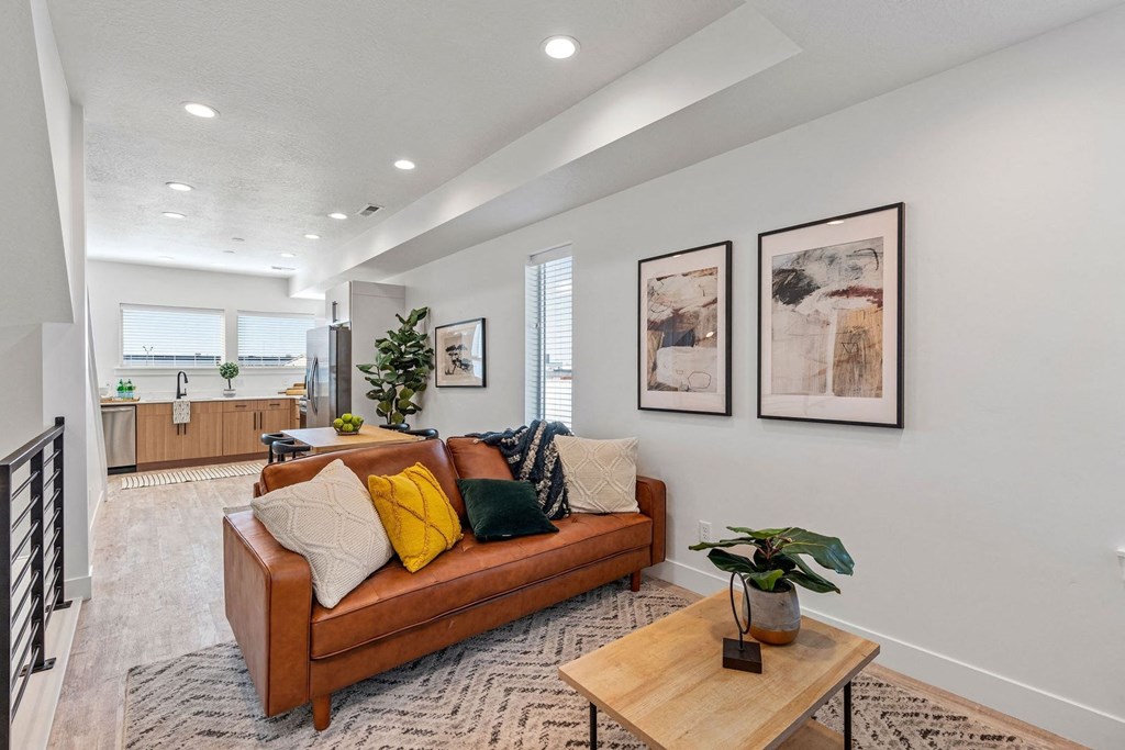 a living room with a couch and a table