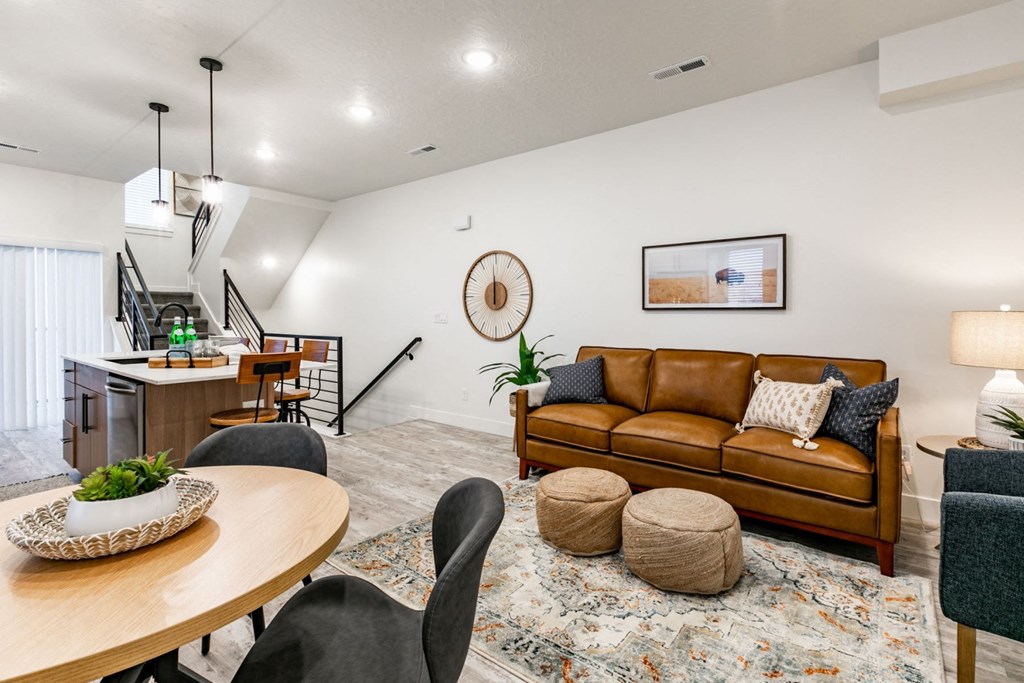 a living room with a couch and a table