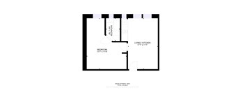 A floor plan of a small apartment with a living room, kitchen, and bedroom.