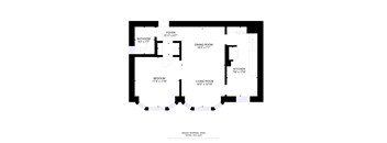 A floor plan of a house with a living room, dining room, kitchen, bedroom and bathroom.