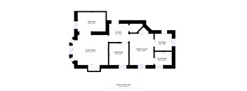 A floor plan of a house with a living area, two bedrooms, a dining room, a kitchen, a bathroom, and a foyer.