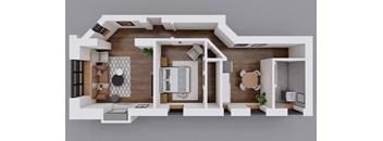 A top-down view of a modern, minimalist apartment layout.